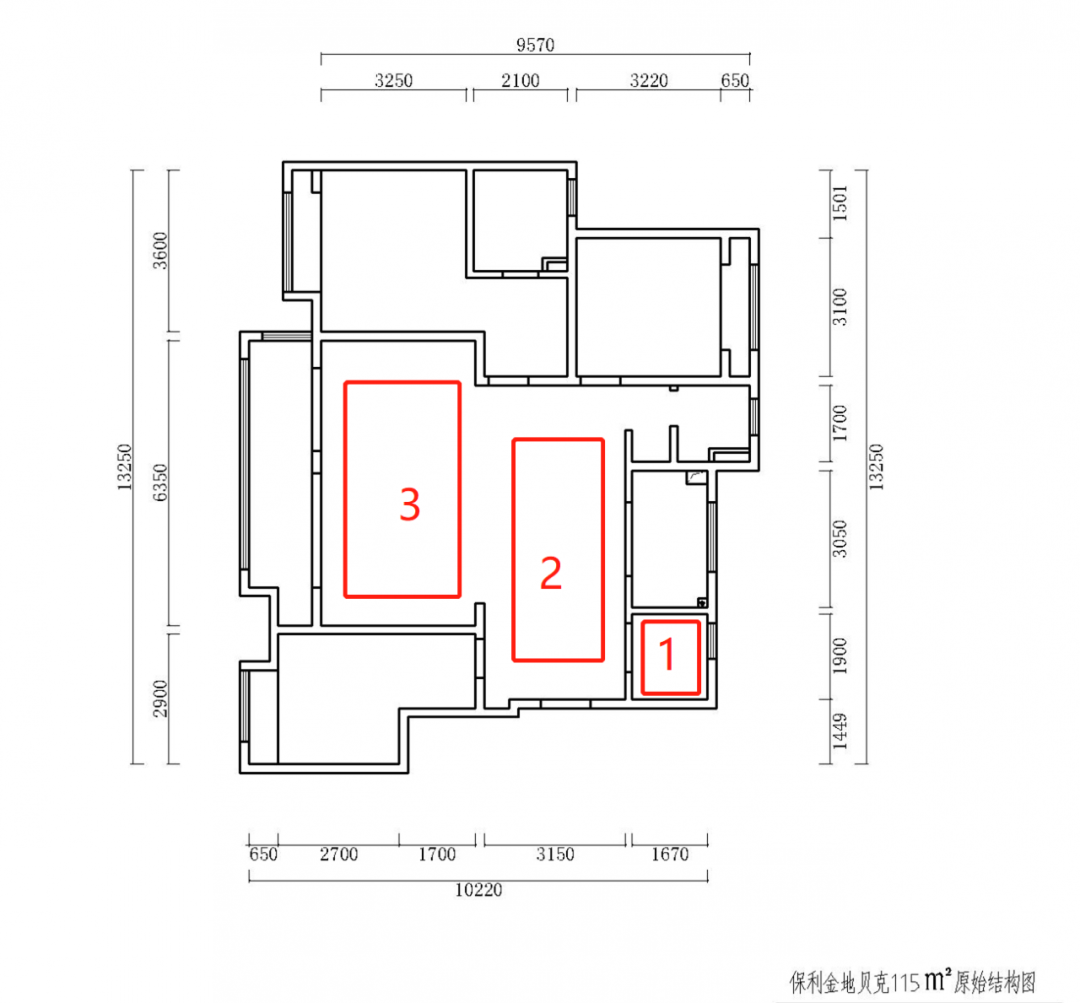 熊皓宇_紅牛設計--保利金地貝克115㎡（三房）現(xiàn)代風格03戶型分析_原始結(jié)構(gòu)圖