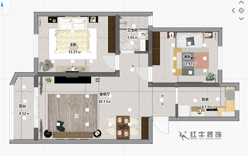房亮_紅山機(jī)電花園4-104-85㎡-現(xiàn)代簡約風(fēng)格_2室2廳1衛(wèi)（老房裝修）_成品家￥111499_全包11萬00_03彩平圖