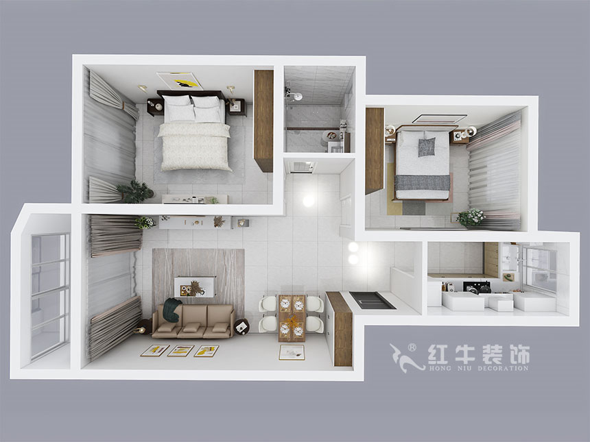 房亮_紅山機(jī)電花園4-104-85㎡-現(xiàn)代簡約風(fēng)格_2室2廳1衛(wèi)（老房裝修）_成品家￥111499_全包11萬00_04鳥瞰圖