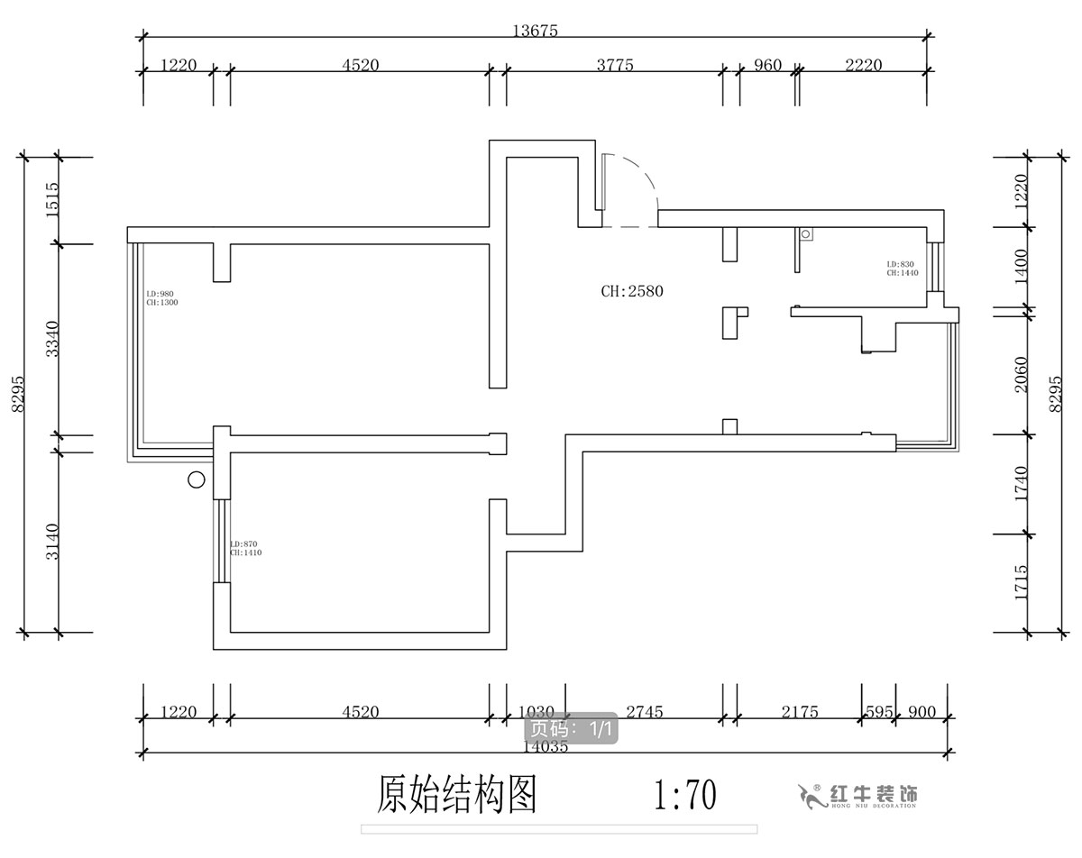 蔣?。蔡┐?1-401-80㎡-現(xiàn)代簡(jiǎn)約風(fēng)格｜2室1廳1衛(wèi)｜舊房裝修｜定制家￥126767｜全包12萬(wàn)｜00_01原始結(jié)構(gòu)圖