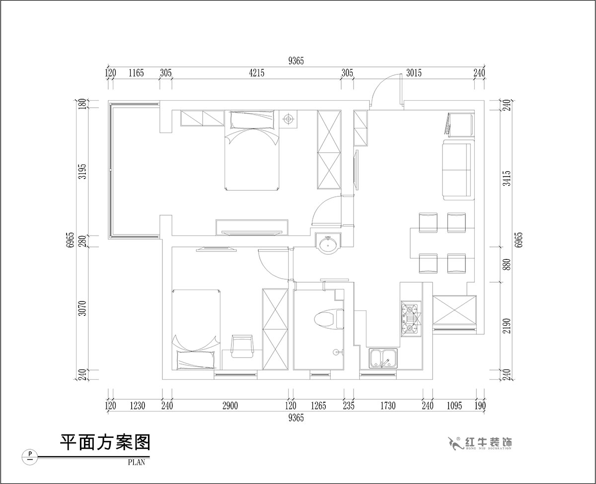 張桐瑋｜騰飛園7-104-58㎡-現(xiàn)代簡(jiǎn)約風(fēng)格｜2室1廳1衛(wèi)｜舊房改造｜定制家￥65000｜全包10萬(wàn)｜00_02平面方案圖