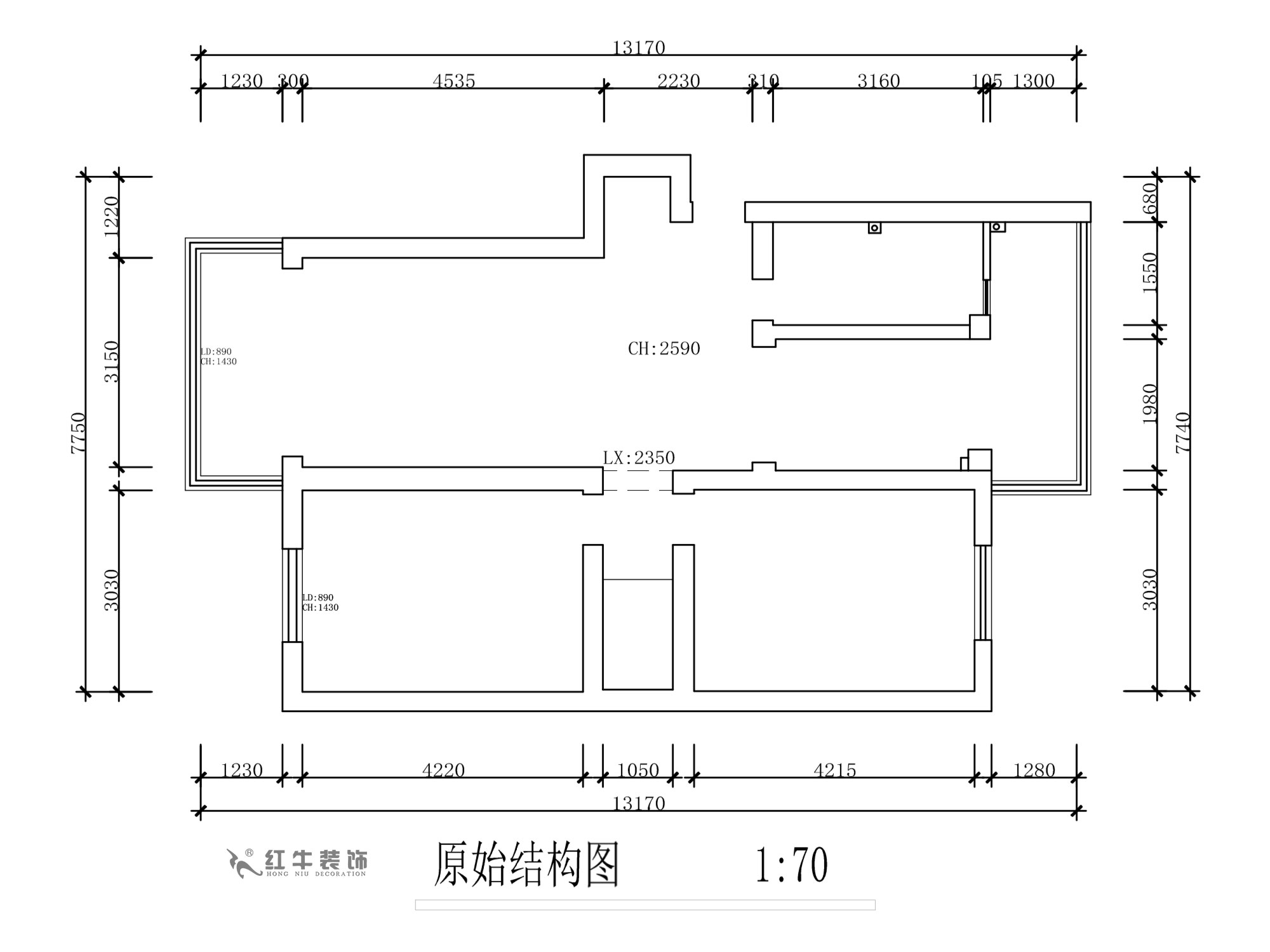 蔣?。旄@43-401-90㎡-現(xiàn)代簡(jiǎn)約風(fēng)格｜2室1廳1衛(wèi)｜舊房裝修｜定制家￥122757｜全包12萬(wàn)｜00_01原始結(jié)構(gòu)圖