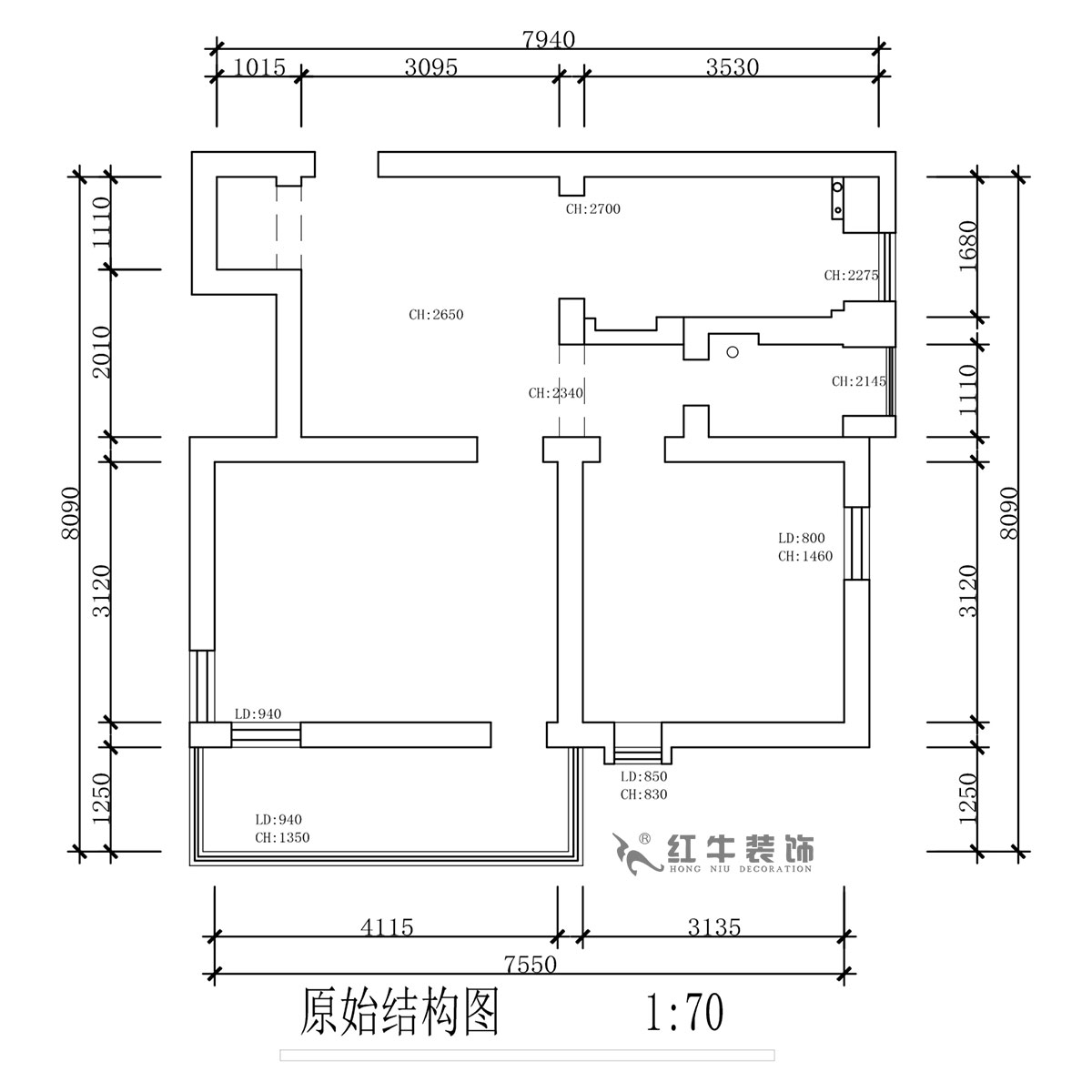 蔣?。珗@路44號(hào)小區(qū)3-204-60㎡-現(xiàn)代簡(jiǎn)約風(fēng)格｜2室1廳1衛(wèi)｜舊房裝修｜定制家｜全包10萬｜00_01原始結(jié)構(gòu)圖