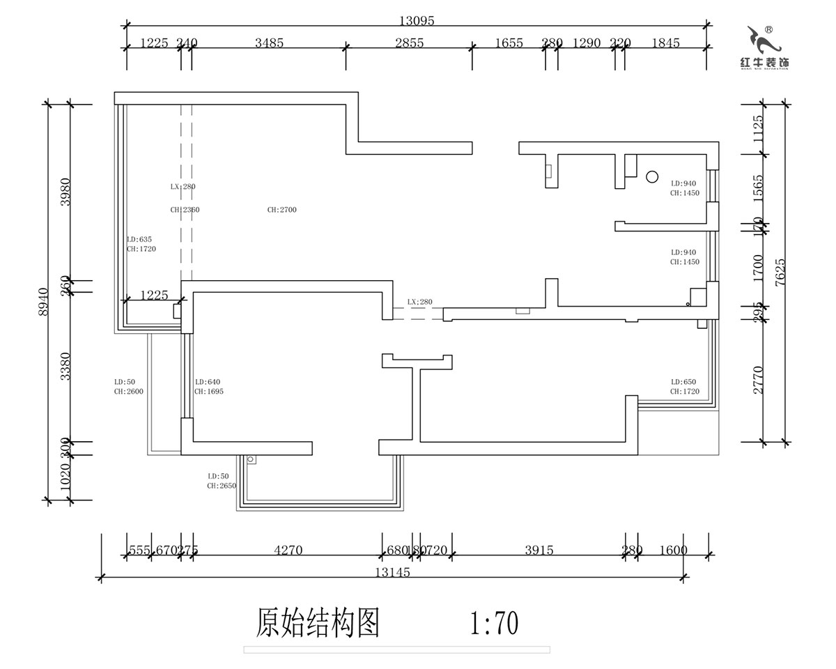 蔣?。霄沃腥A廣場11-601-110㎡-現(xiàn)代簡約風(fēng)格｜2室2廳1衛(wèi)｜舊房裝修｜定制家￥140400｜全包15萬｜00_01原始結(jié)構(gòu)圖