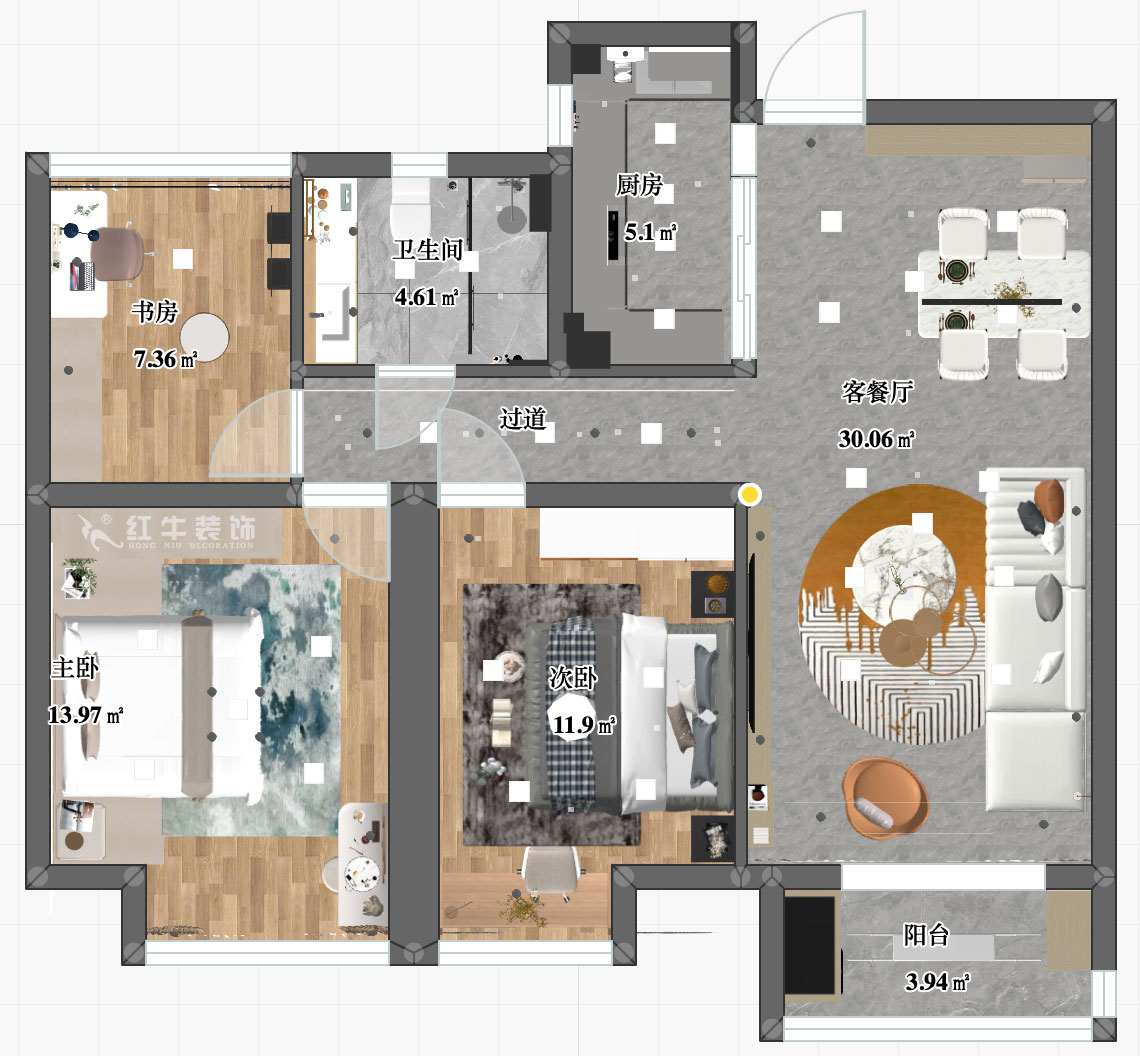 張智猿｜紫峰公館1-2棟1006-88㎡-現(xiàn)代風(fēng)格｜3室1廳1衛(wèi)｜老房裝修｜定制家￥122000｜全包11萬(wàn)｜00_03平面彩圖