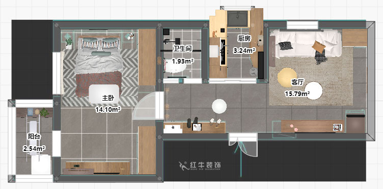孟憲濤｜大光路菜市口1號(hào)2-2-205-50㎡-簡約風(fēng)格｜1室1廳1衛(wèi)｜老房裝修｜定制家｜全包9萬｜00_03平面彩圖