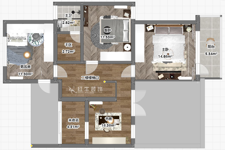 吳波｜翠屏國際香樟苑-7-404-124㎡-現(xiàn)代風格｜3室2廳2衛(wèi)｜二手房裝修｜定制家｜全包17萬｜00_06二樓平面彩圖