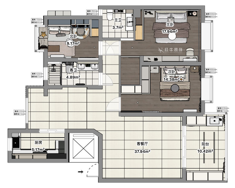 郭志成｜澳麗嘉園4-605-126㎡-現(xiàn)代奶油風格｜3室2廳1廚2衛(wèi)｜毛坯裝修｜定制家｜全包19