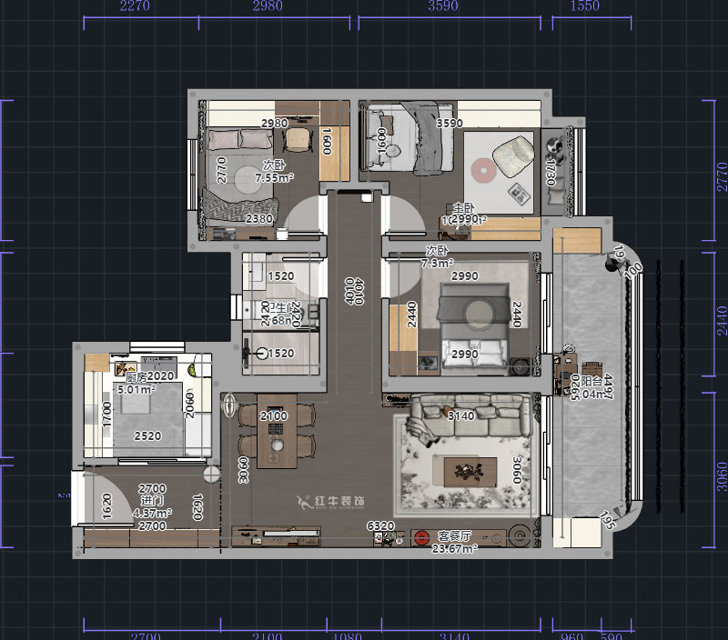 熊皓宇｜高科紫堯星院-90㎡-現(xiàn)代原木風(fēng)｜3室2廳1衛(wèi)｜精裝修改造｜00_01平面彩圖