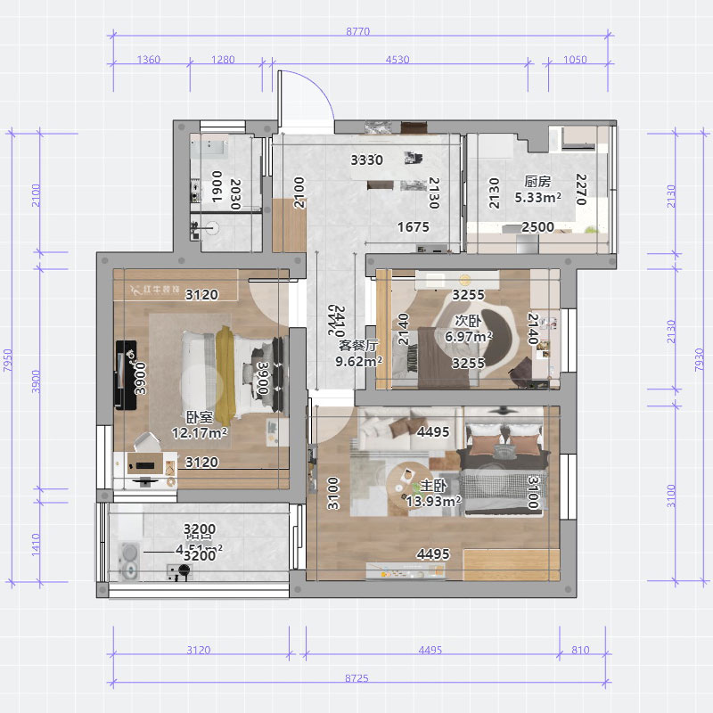 蔣琛｜成賢街92號院9-301-68㎡-現(xiàn)代簡約風格｜3室1廳1衛(wèi)｜老房裝修｜定制家｜全包10萬｜00_03平面彩圖
