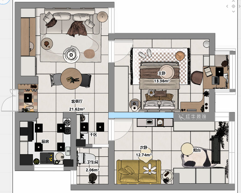 朱明琪|燕江新城山水苑10-2-1007-68㎡-簡(jiǎn)約風(fēng)格|2室1廳1衛(wèi)|老房裝修|定制家|全包8萬(wàn)|00_03平面彩圖